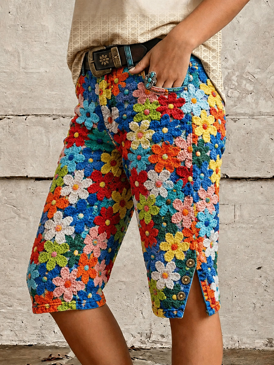 Retro Style Floral Art Print Vintage Casual Denim Shorts